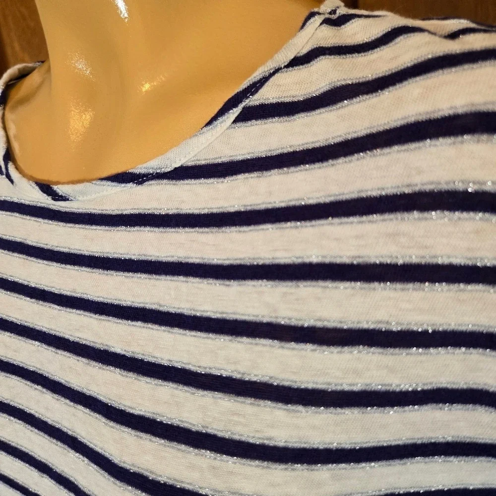 Christian‎ Siriano Womens Top White Blue Silver Medium Linen Coastal Nautical